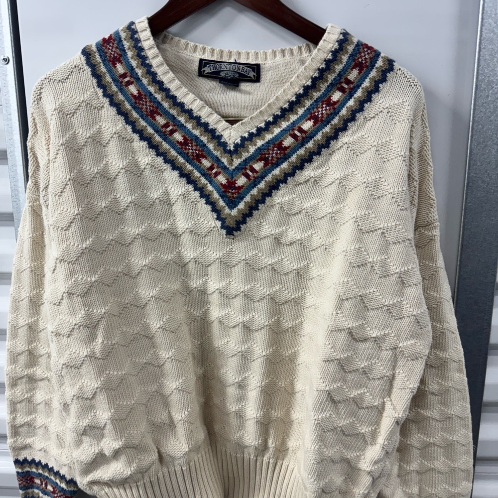 Vintage Thornton Bay Sport Club V-Neck Sweater Knit Size Large 90s Cotton Tennis